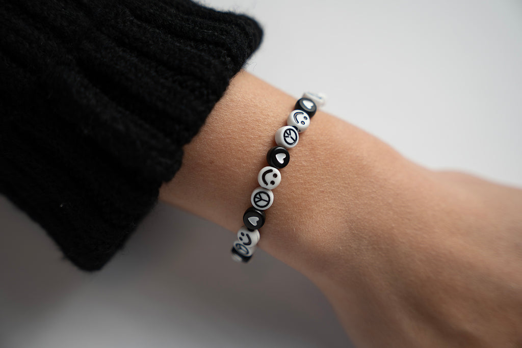 Black and White Peace, Love, and Happiness Candi Beads