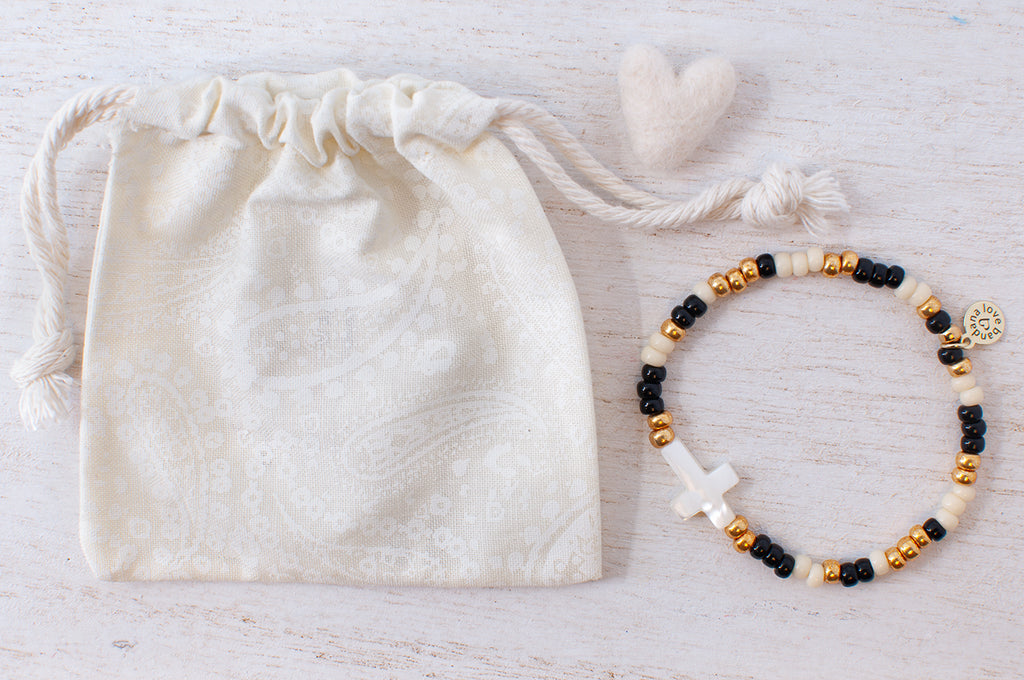 Shell Cross in Black Ivory and Gold Candi Beads