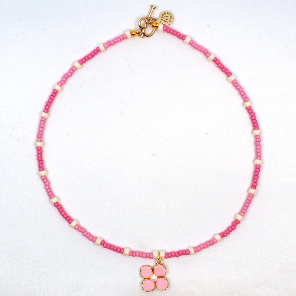 Pink and Ivory With Pink Flower Mini Candi Beads Necklace