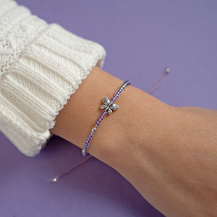 Silver Butterfly in Purple Power Beaded String