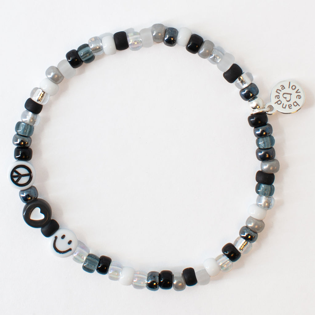 Peace Love and Happiness in Salt and Pepper Candi Beads