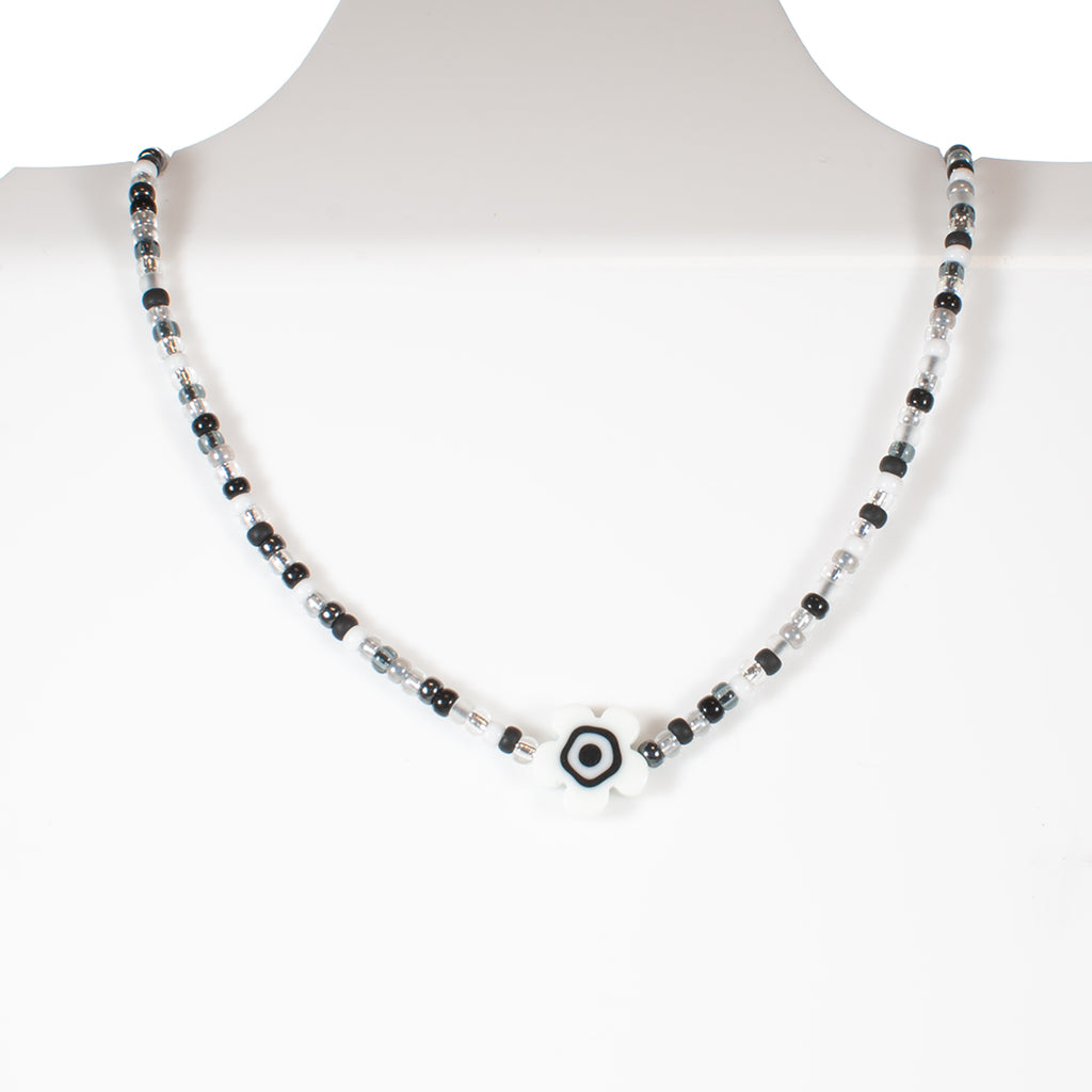 Millefiori Flower in Salt and Pepper Adjustable Candi Beads Necklace