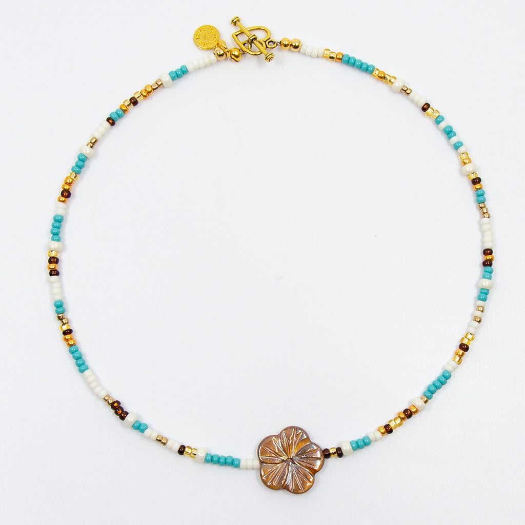 Turquoise and Amber with Flower Mini Candi Beads Necklace