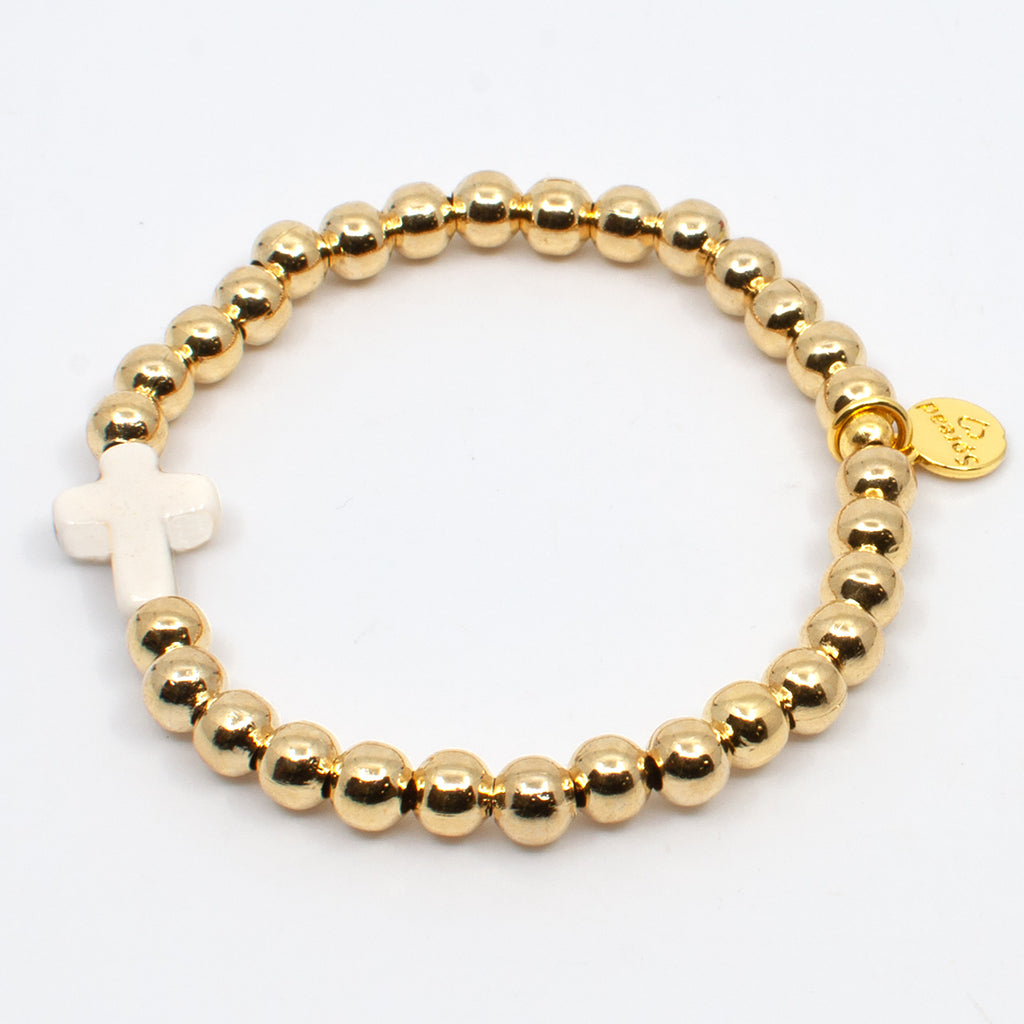 Ivory Stone Cross 24K Gold Plated Bracelet with 6mm Beads