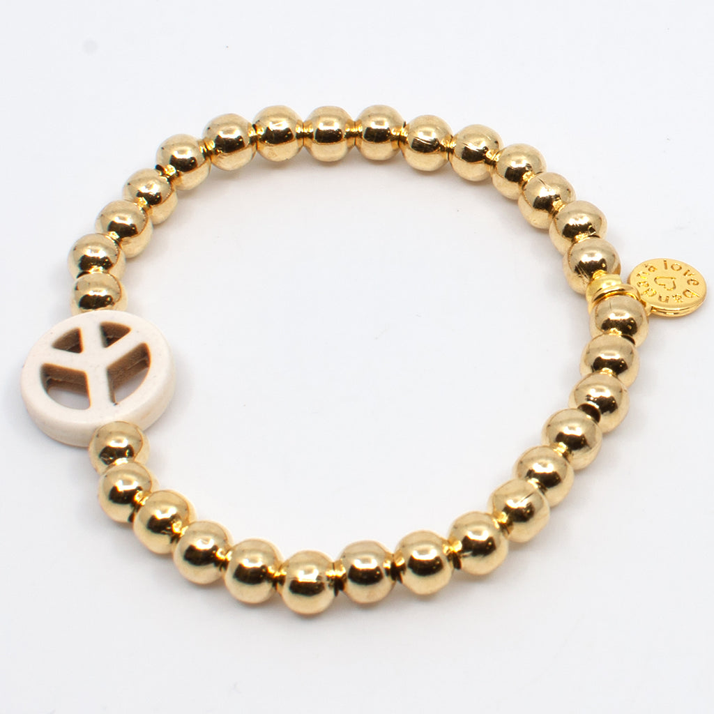 Ivory Stone Peace Sign 24K Gold Plated Bracelet with 6mm Beads