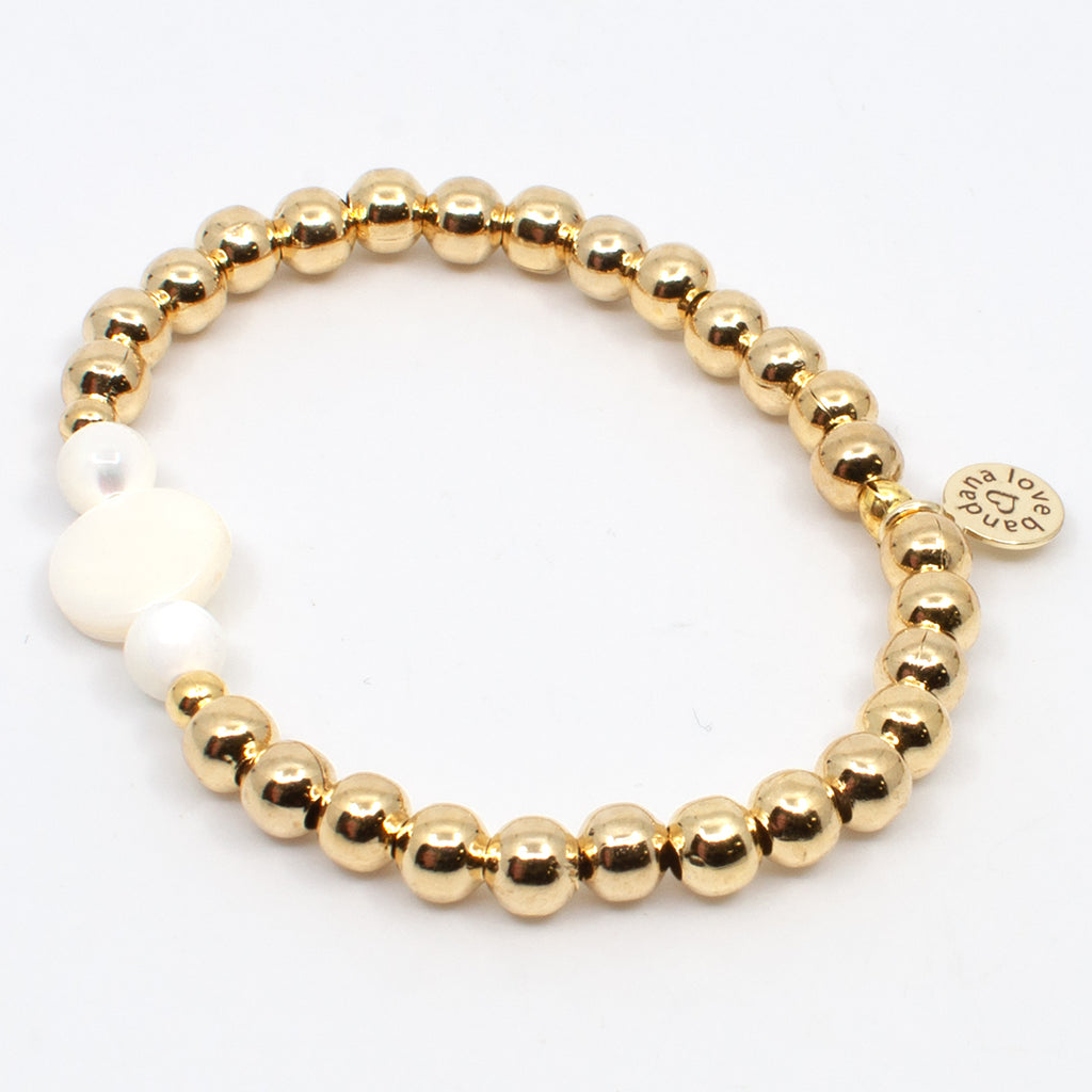 Ivory Mother of Pearl Circle 24K Gold Plated Bracelet with 6mm Beads